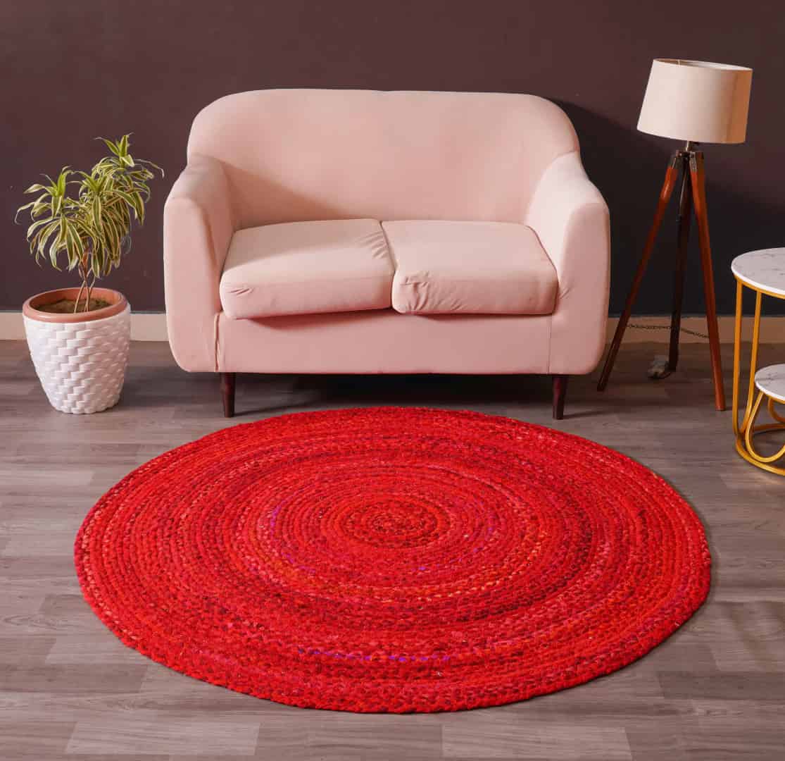 Handwoven Red Cotton Round Chindi Rug - Image 3