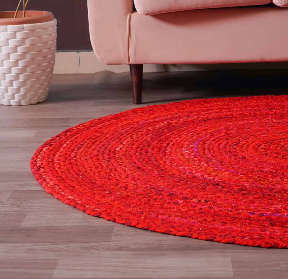 Handwoven Red Cotton Round Chindi Rug - Image 5