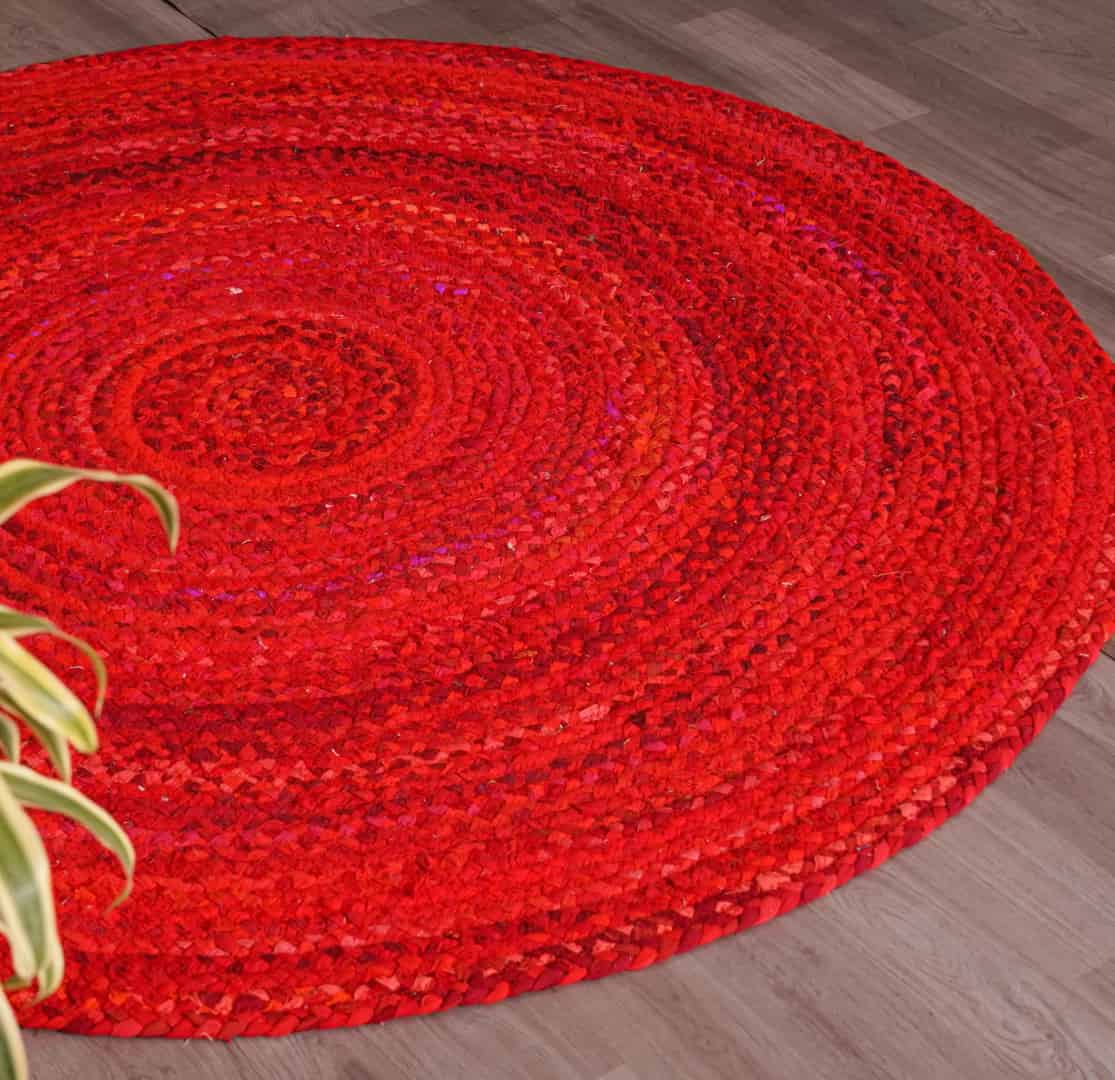 Handwoven Red Cotton Round Chindi Rug - Image 6