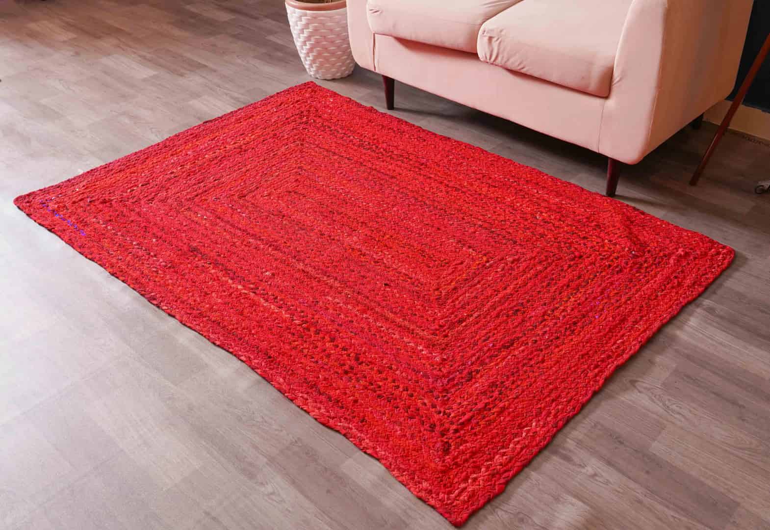 Handmade Braided Rustic Area Red Cotton Rug and Runner - Image 2