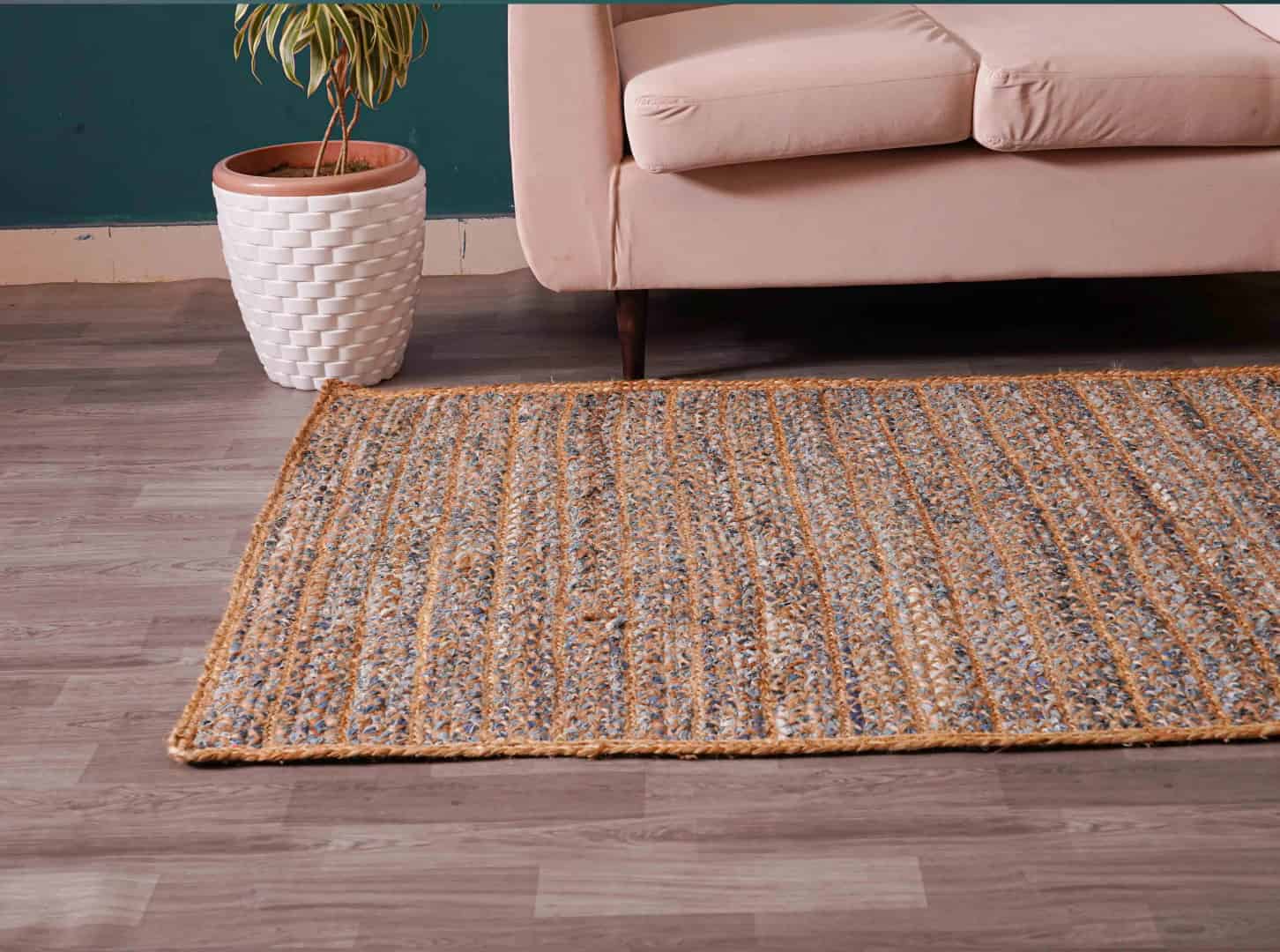 Home Decor Bohemian Natural Jute and Blue Cotton Rectangle and Square Rug - Image 6
