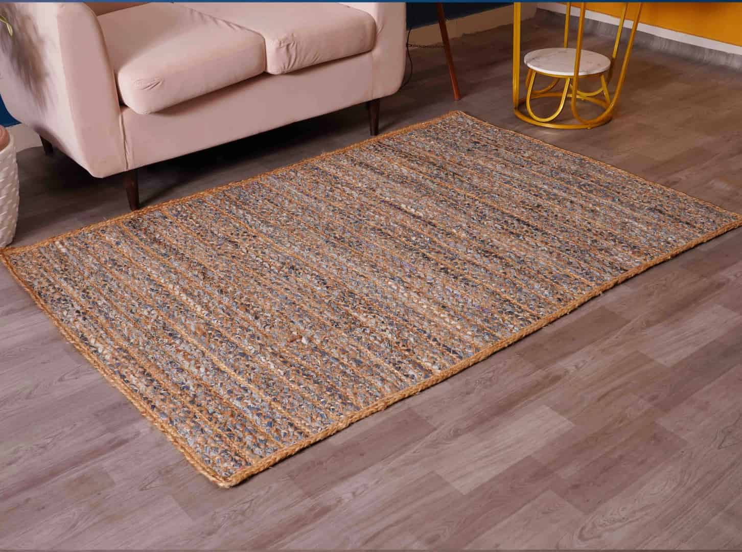 Home Decor Bohemian Natural Jute and Blue Cotton Rectangle and Square Rug - Image 4