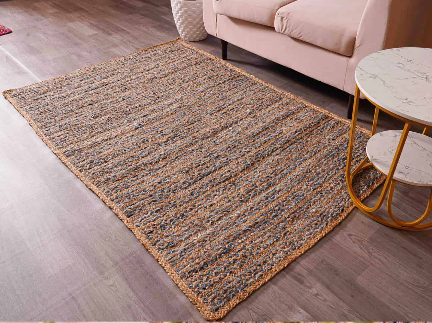 Home Decor Bohemian Natural Jute and Blue Cotton Rectangle and Square Rug - Image 3