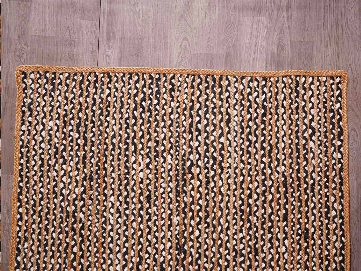 Hand Braided Natural Jute Rectangle and Square Rug with Black and White Cotton - Image 5