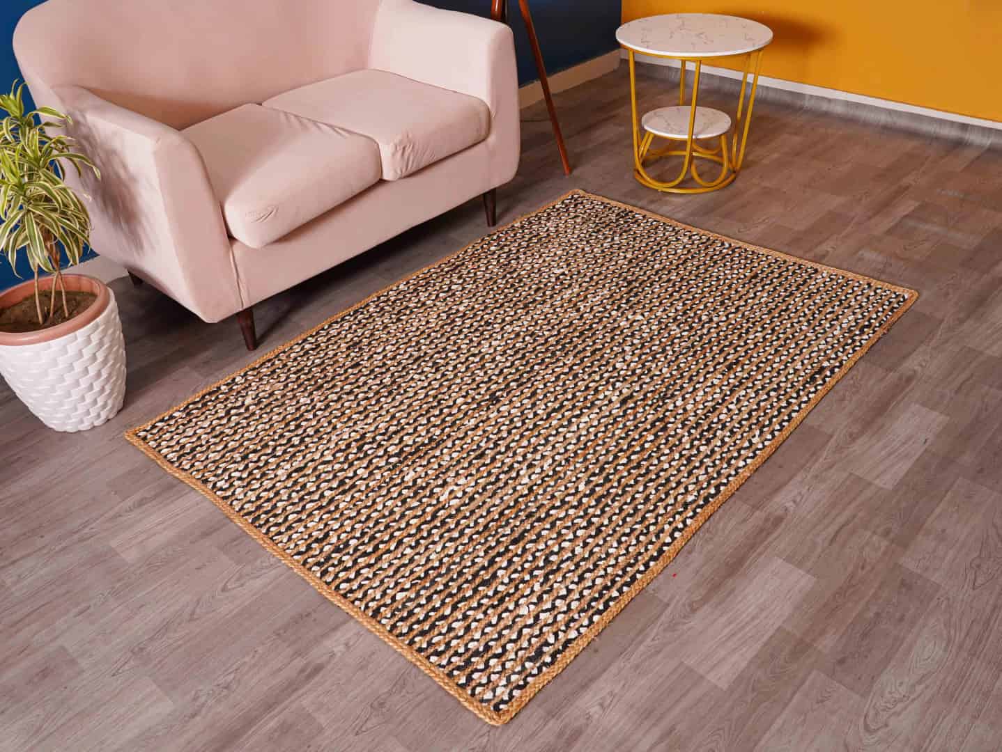 Hand Braided Natural Jute Rectangle and Square Rug with Black and White Cotton - Image 1