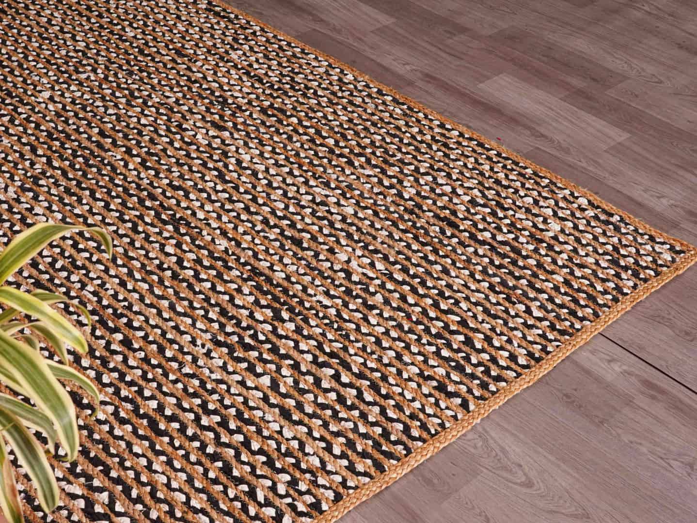 Hand Braided Natural Jute Rectangle and Square Rug with Black and White Cotton - Image 4