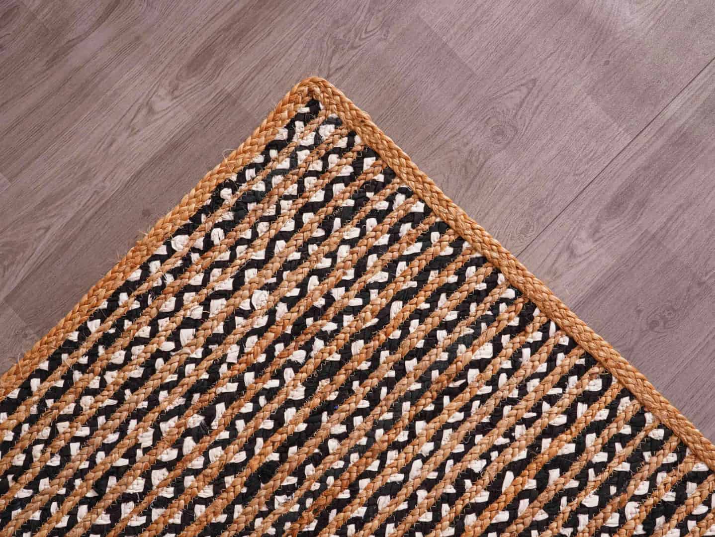 Hand Braided Natural Jute Rectangle and Square Rug with Black and White Cotton - Image 7