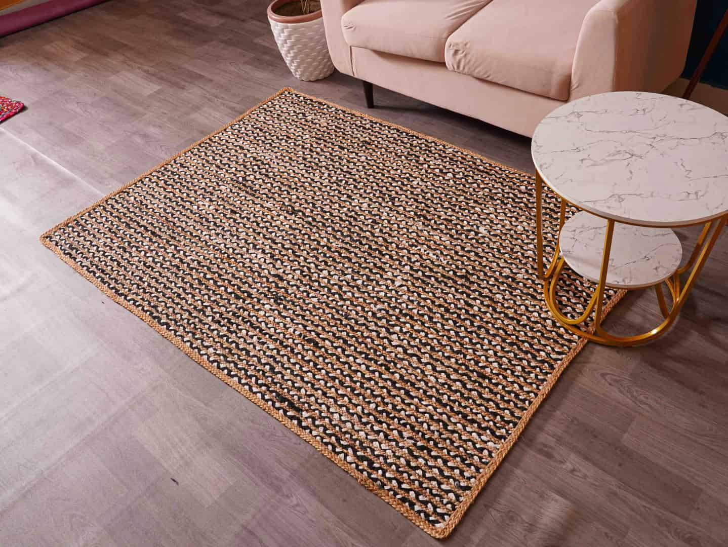 Hand Braided Natural Jute Rectangle and Square Rug with Black and White Cotton - Image 3