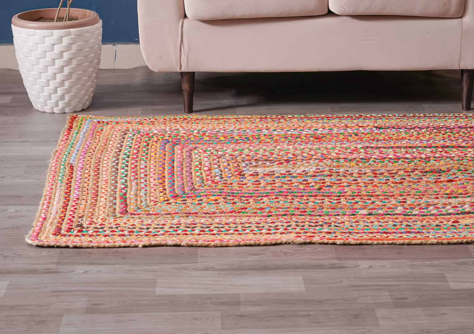 Multicolor Hand Braided Natural Jute and Cotton Chindi Rectangle and Square Rug - Image 5