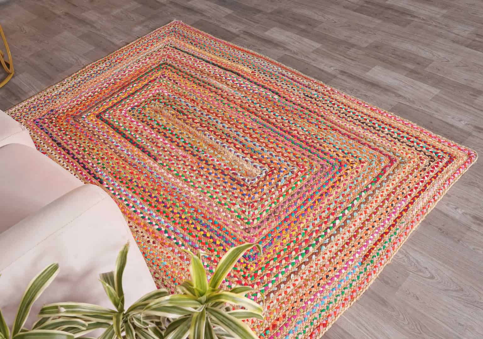 Multicolor Hand Braided Natural Jute and Cotton Chindi Rectangle and Square Rug - Image 6