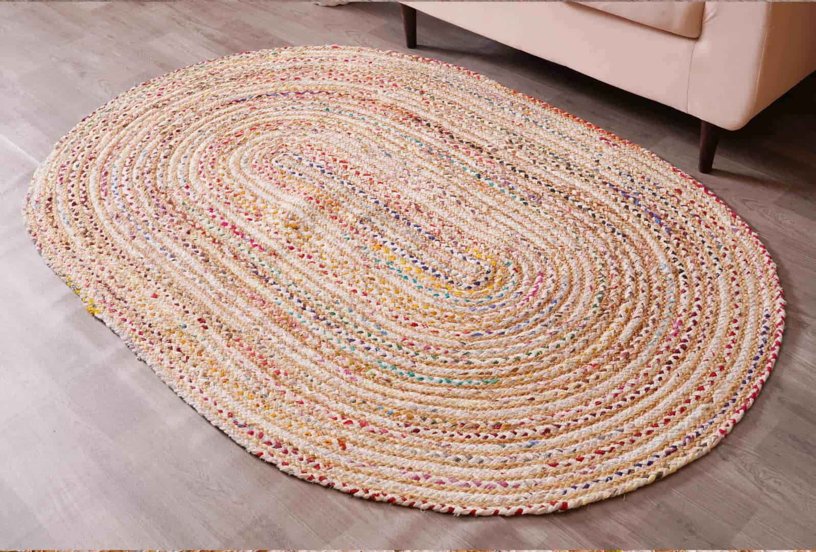 Home Decor Bohemian Natural Jute and Cotton Oval Rug - Image 1