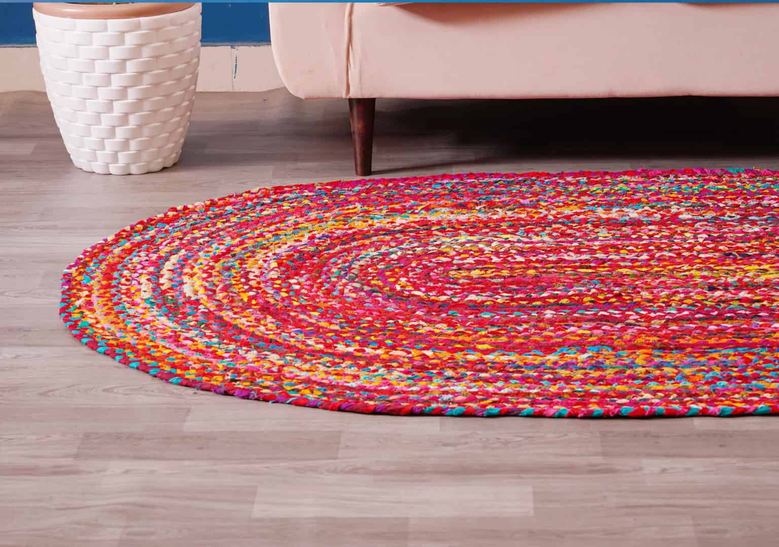 Indian Hand Braided Multicolor Cotton Oval Rug - Image 6