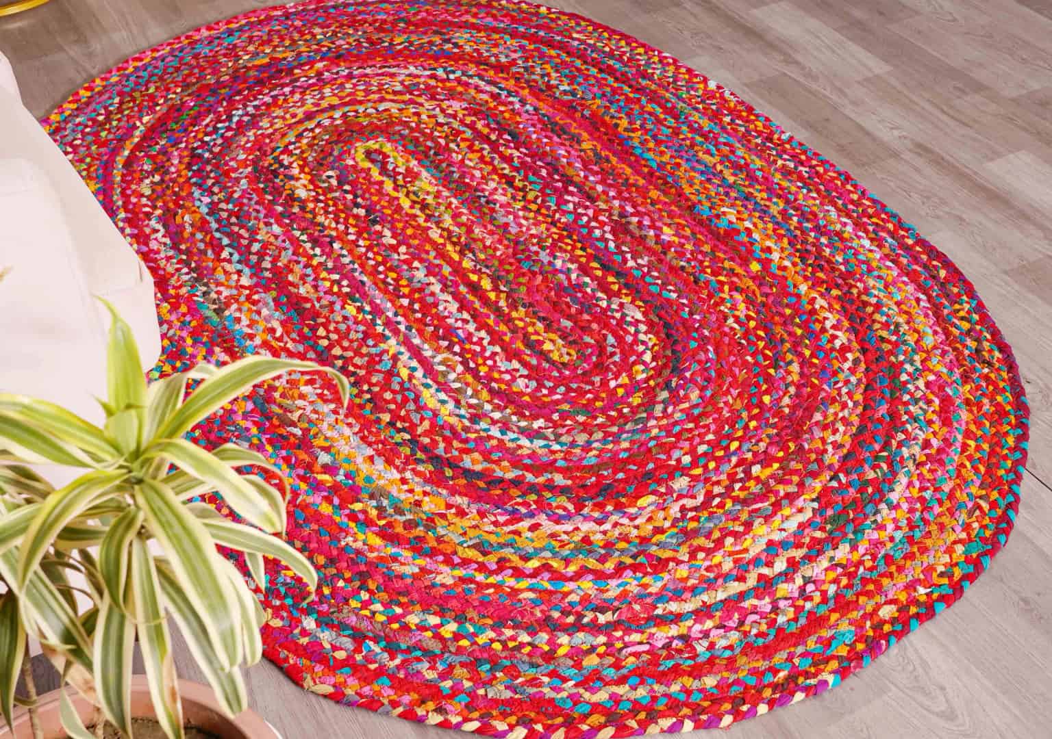 Indian Hand Braided Multicolor Cotton Oval Rug - Image 1