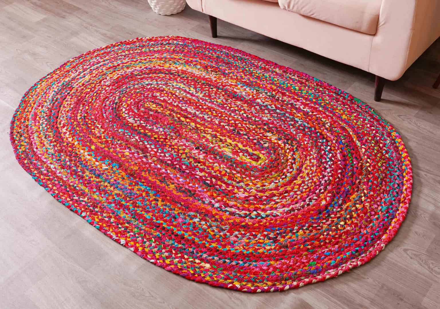 Indian Hand Braided Multicolor Cotton Oval Rug - Image 2