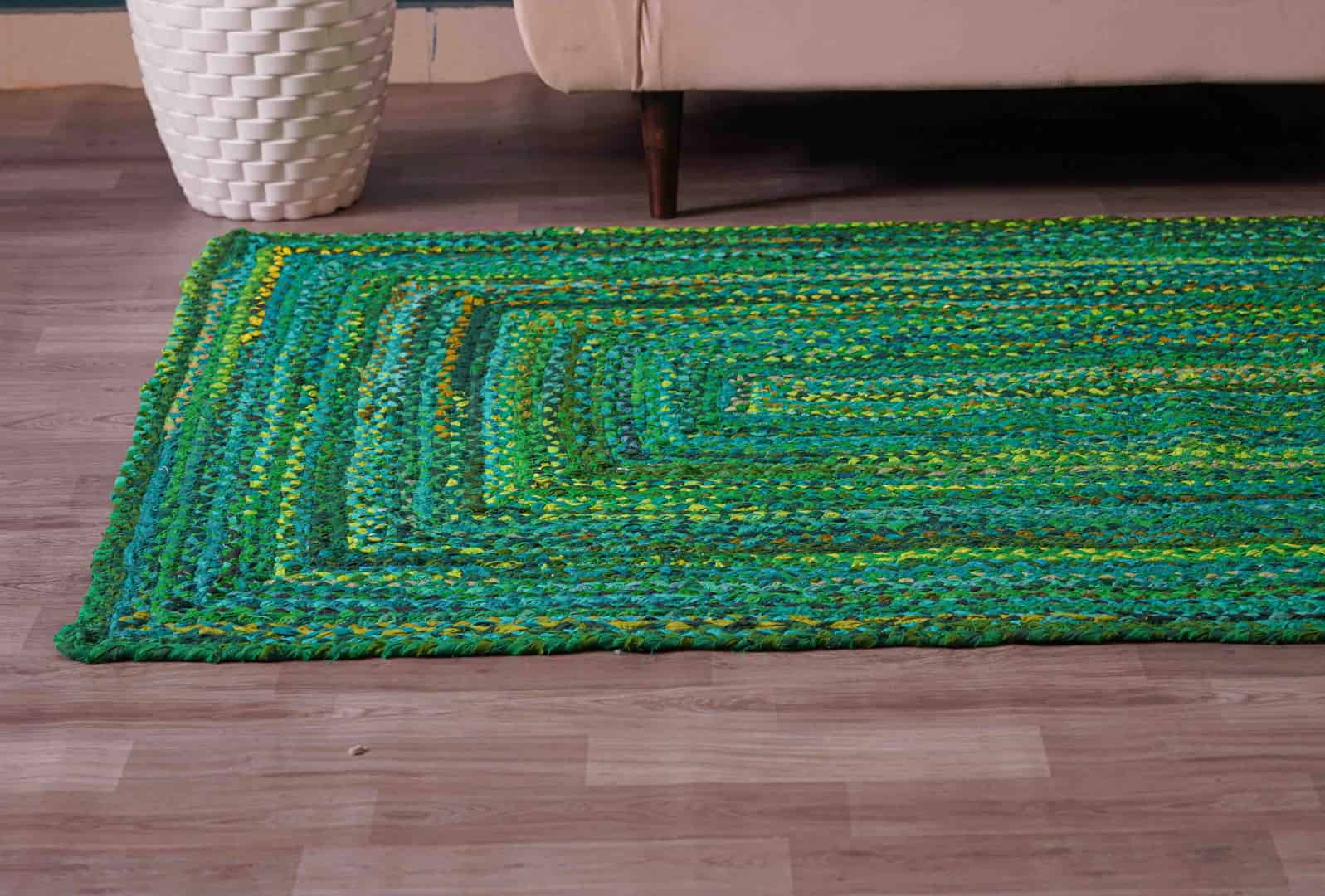 Green Cotton Handwoven Rectangle and Square Rug - Image 4