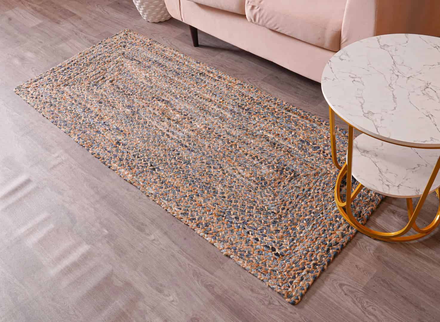 Natural Jute and Blue Cotton Hand Braided Runner Rug - Image 3