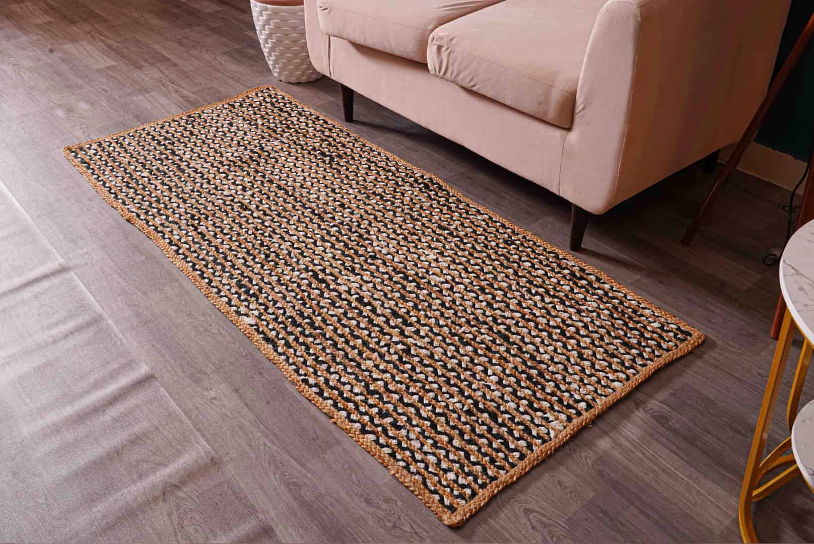 Natural Jute Hand Braided Runner Rug with Black and White Cotton - Image 3