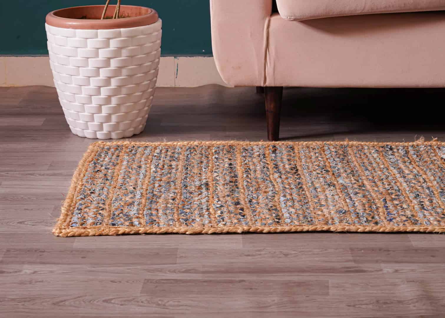 Custom Size Hand Braided Natural Jute Runner Rug with Blue Cotton Chindi Rug  - Image 3
