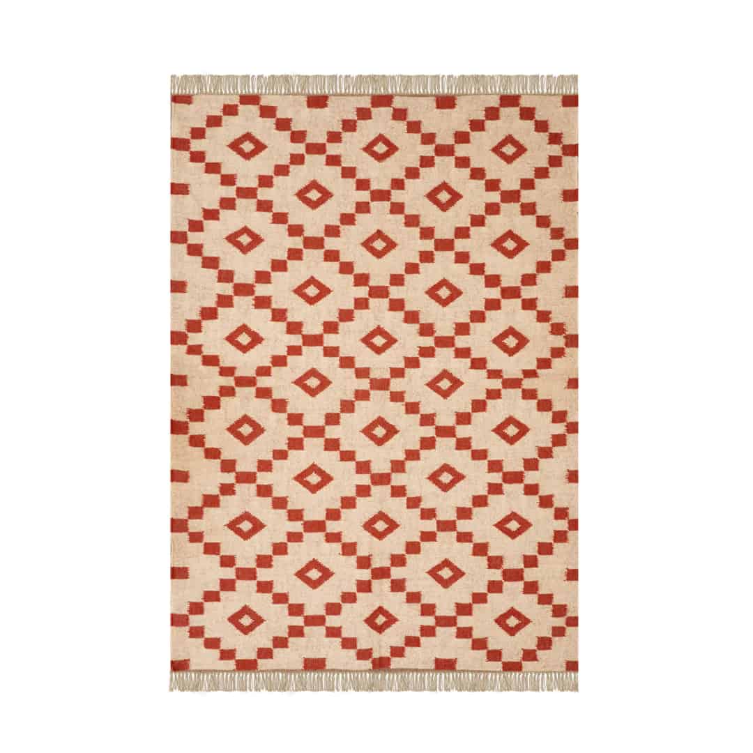 Custom Size Handwoven Off White and Red Wool jute Kilim Rug with Fringes Jute Rug Bohemian Rug Indian Dhurrie Rug Traditional Indian jute Area rug - Image 1