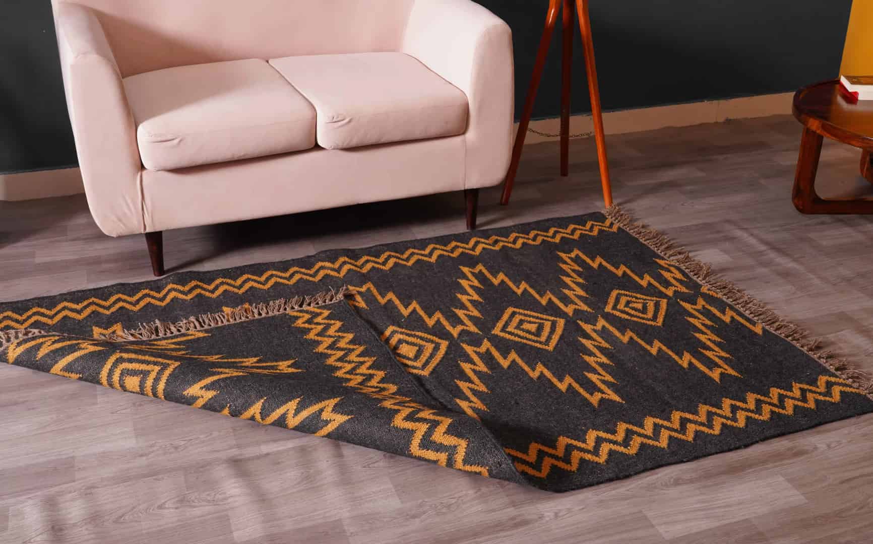 Home And Living Decor Black with Yellow Design Wool Jute Traditional Kilim Rug Indian Rug Vintage Rug Oushak Rug Vintage Kilim Rug Kilim Rug - Image 3