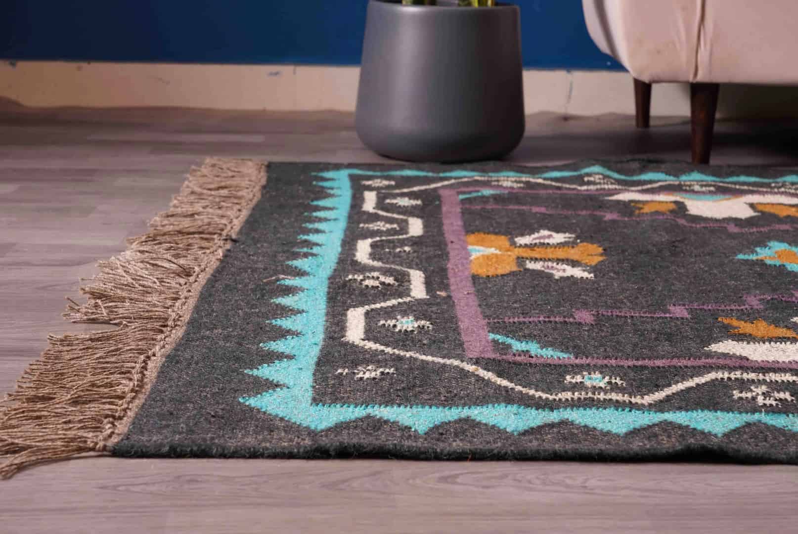 Indian Handwoven Bohemian Wool Jute Kilim Rug with Fringes Jute Rug Wool and Jute Rug Handmade Kilim Dhurrie Rug Traditional Indian jute Area rug - Image 6