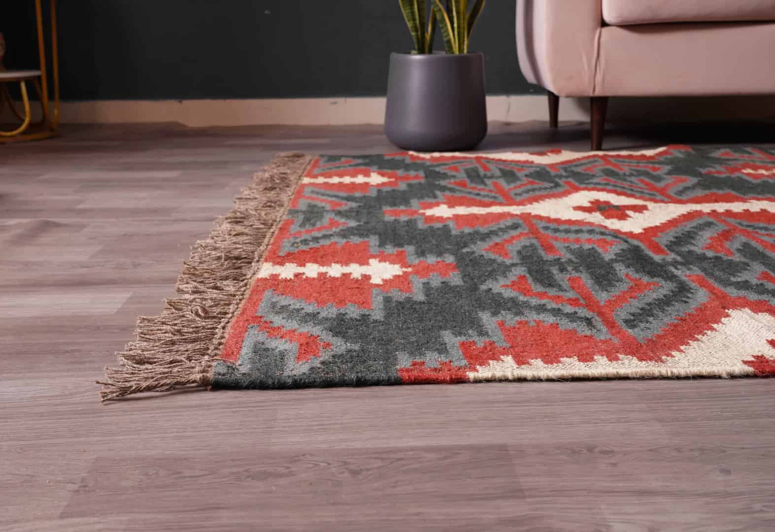 Indian Handwoven Multicolor Wool Jute Kilim Rug with Fringes Jute Rug Entryway Jute Kilim Rug Living Room Boho Decor Area Rug  - Image 8