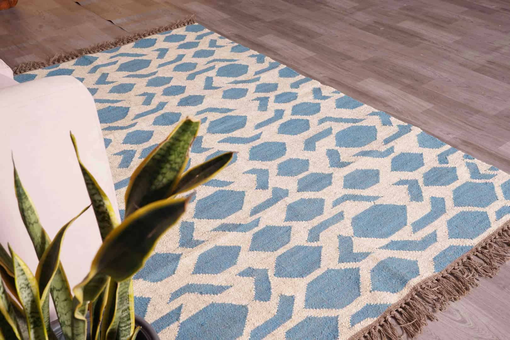 Off White and Blue Handwoven Wool Jute Kilim Rug Jute Rug wool rug Kilim Dhurrie Large Area Jute Kilim Rug For Living Room - Image 5