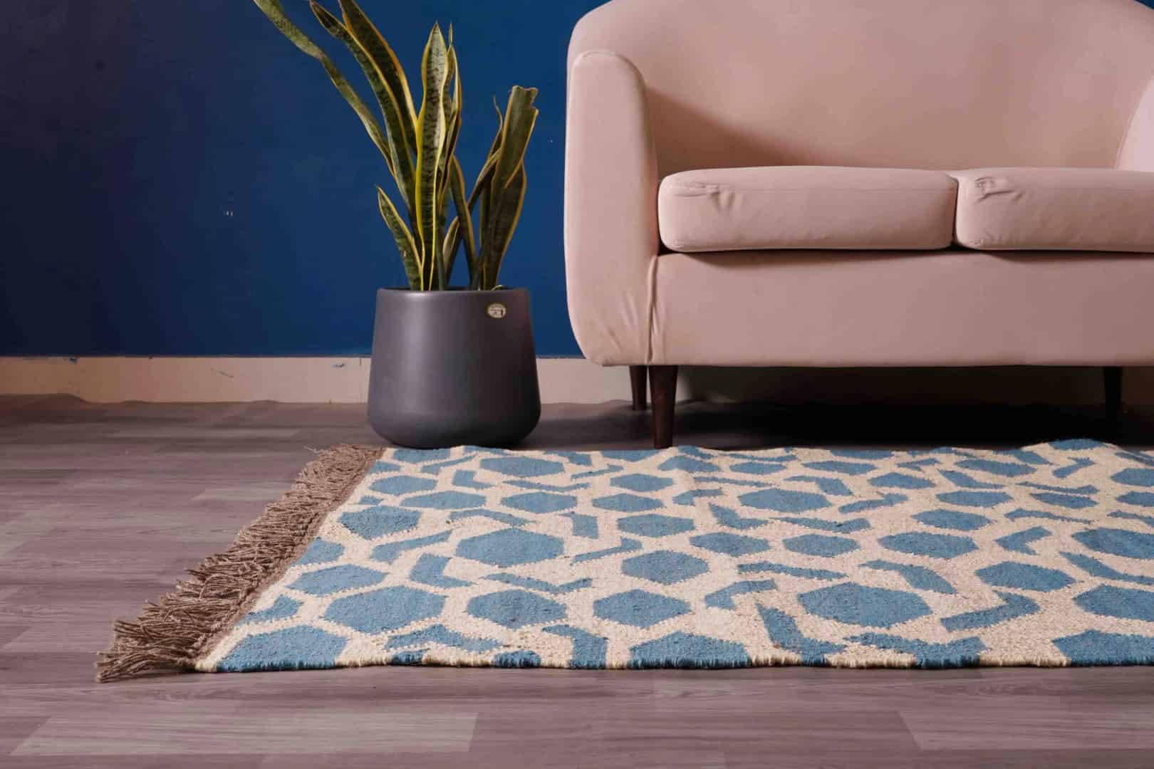 Off White and Blue Handwoven Wool Jute Kilim Rug Jute Rug wool rug Kilim Dhurrie Large Area Jute Kilim Rug For Living Room - Image 4