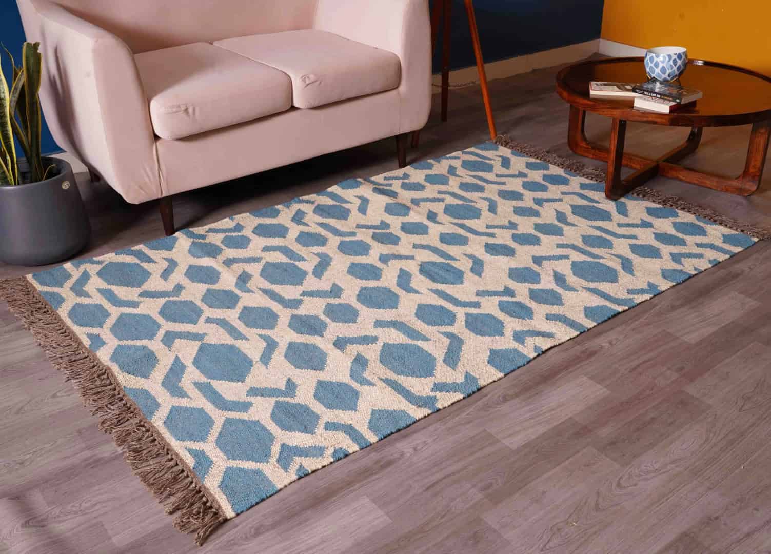 Off White and Blue Handwoven Wool Jute Kilim Rug Jute Rug wool rug Kilim Dhurrie Large Area Jute Kilim Rug For Living Room - Image 3