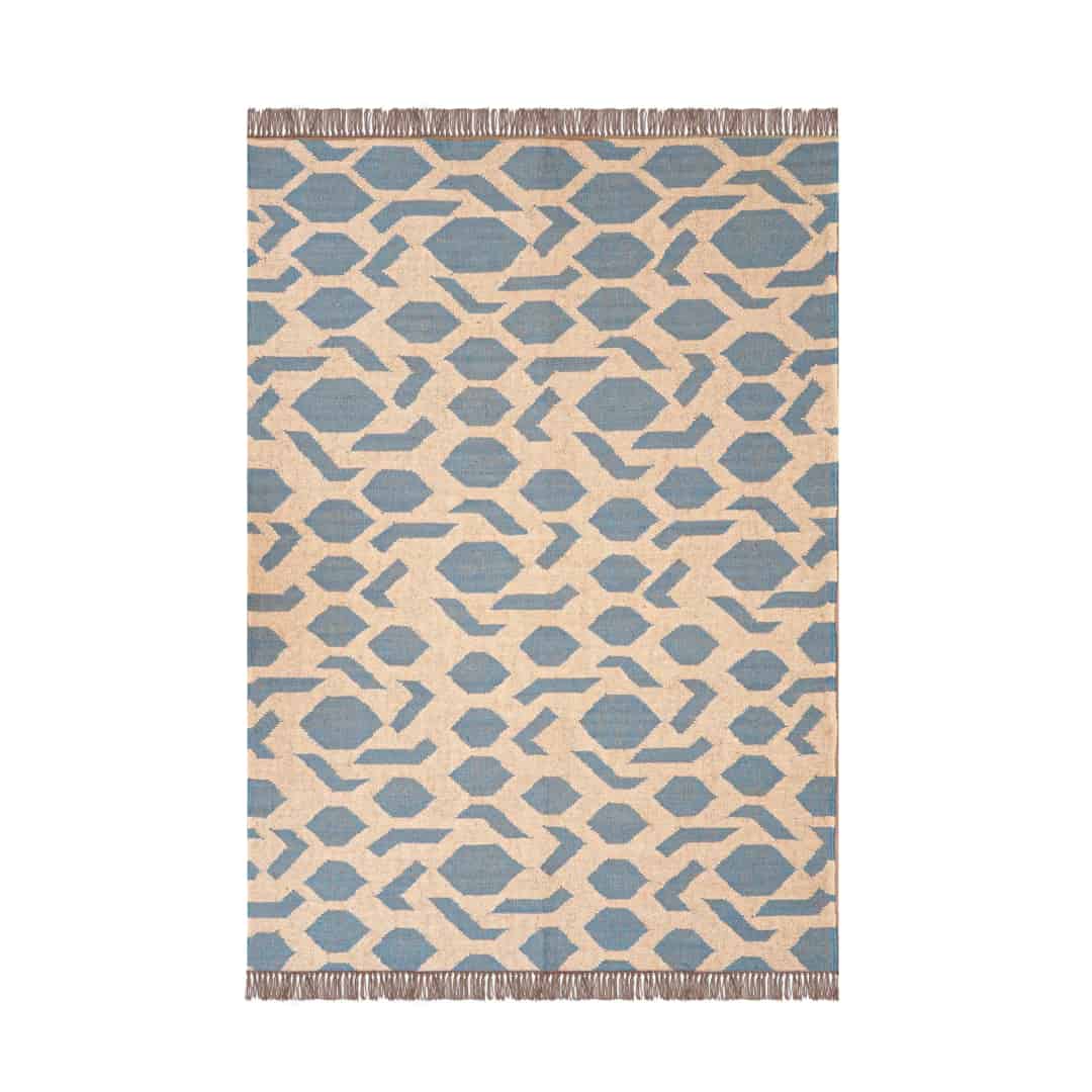 Off White and Blue Handwoven Wool Jute Kilim Rug Jute Rug wool rug Kilim Dhurrie Large Area Jute Kilim Rug For Living Room - Image 1