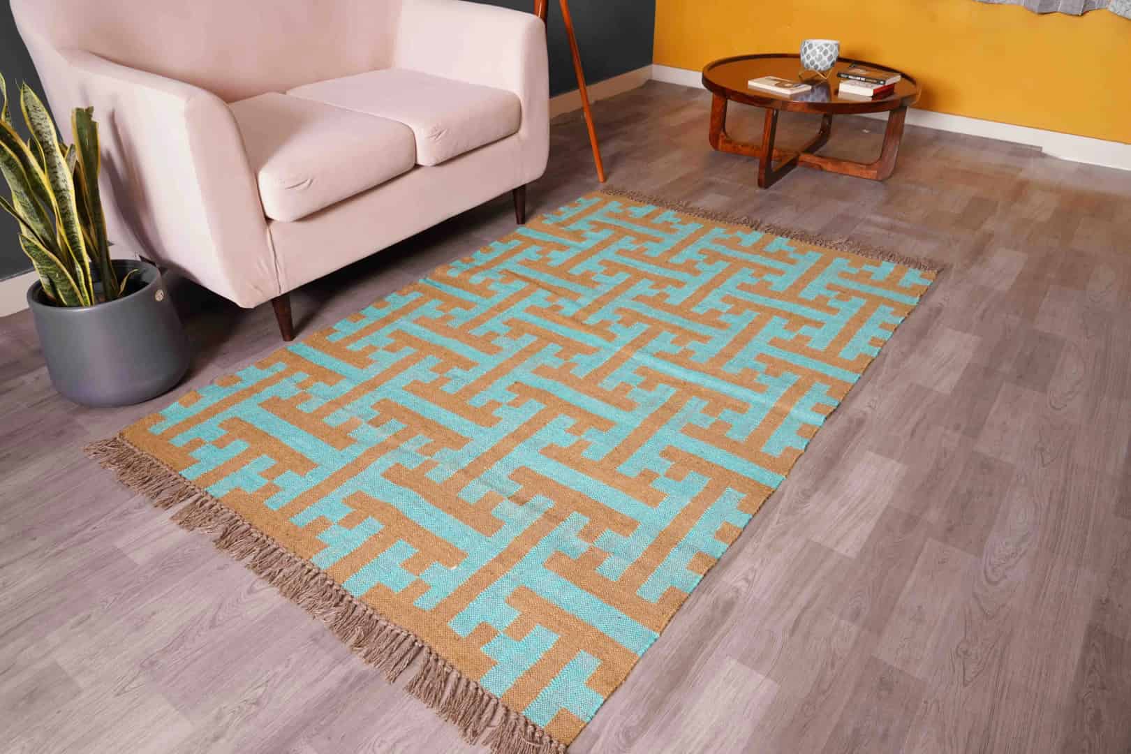 Vintage Beige with Bottle Green Design Wool Jute Kilim Rug Handwoven Handmade Kilim Dhurrie Rug Traditional Indian jute Area rug - Image 3