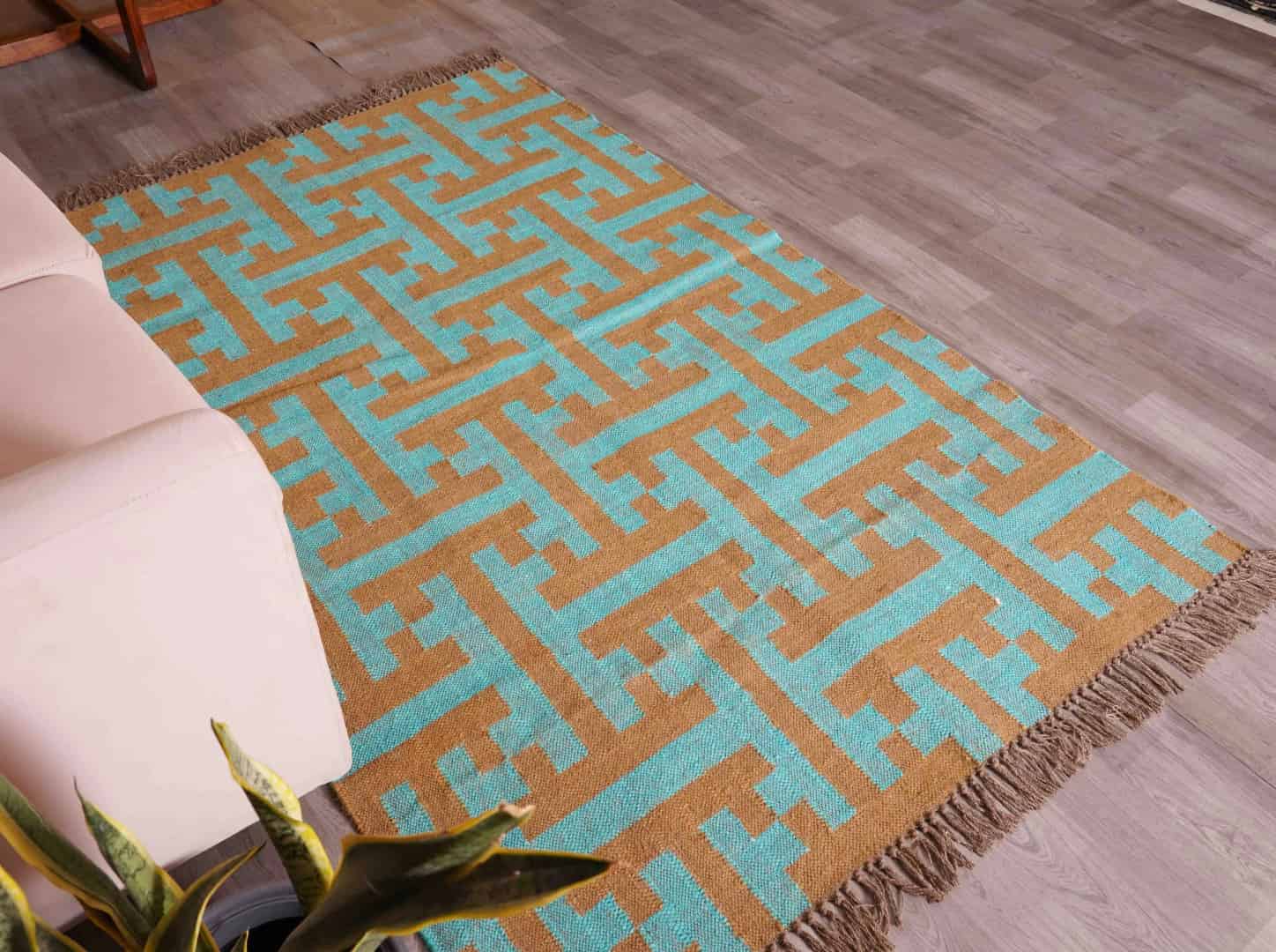 Vintage Beige with Bottle Green Design Wool Jute Kilim Rug Handwoven Handmade Kilim Dhurrie Rug Traditional Indian jute Area rug - Image 4