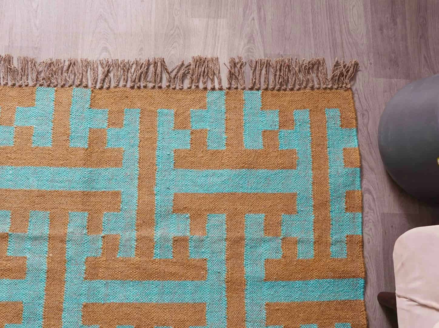 Vintage Beige with Bottle Green Design Wool Jute Kilim Rug Handwoven Handmade Kilim Dhurrie Rug Traditional Indian jute Area rug - Image 7