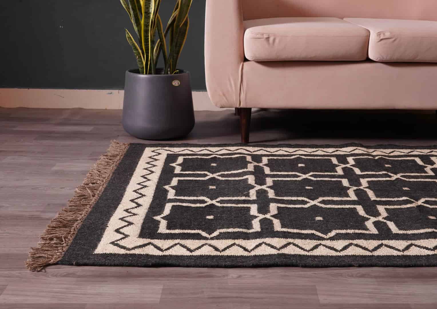 Village Art Handwoven Black with Off White Design Wool Jute Kilim Rug Traditional Indian Jute Area Rug Indian Decor Jute Rug  - Image 3