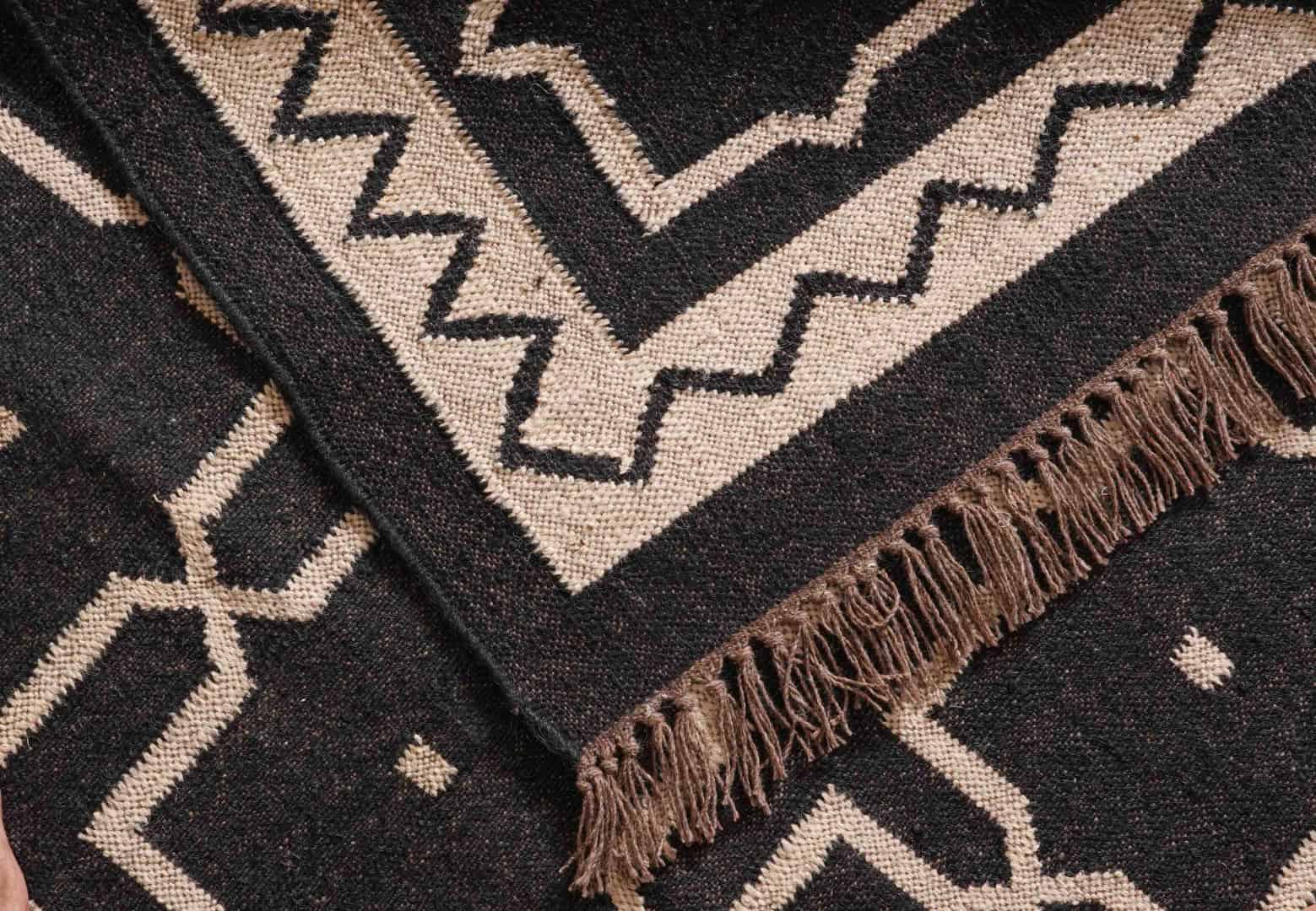 Village Art Handwoven Black with Off White Design Wool Jute Kilim Rug Traditional Indian Jute Area Rug Indian Decor Jute Rug  - Image 6
