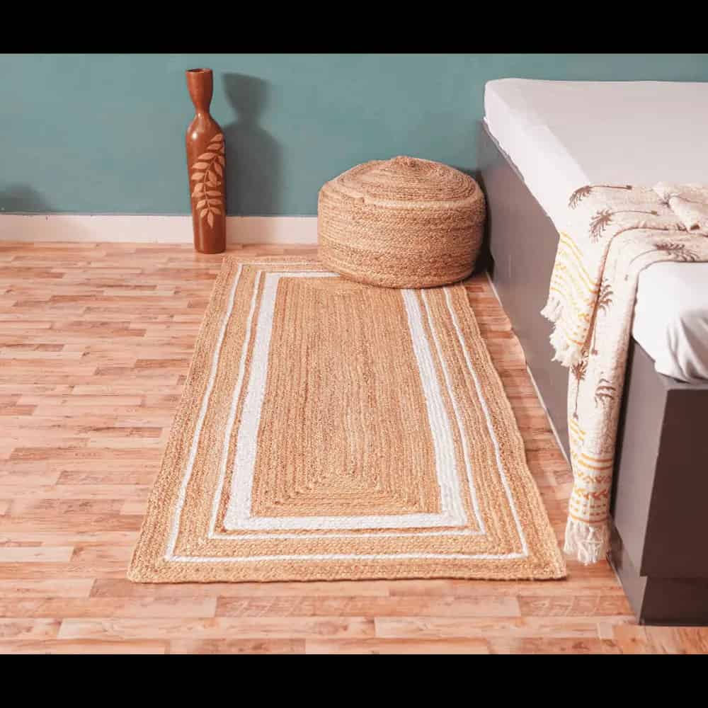 Handmade Natural Jute Braided Runner Rug with Triple Line White Border - Image 2