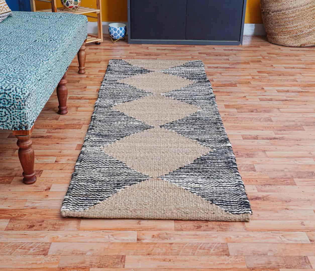 Indian Handwoven Natural Jute Hemp Runner Rug with White and Black Stripes Line Decor Rug For Living Room And Kitchen Decor Rug  - Image 2