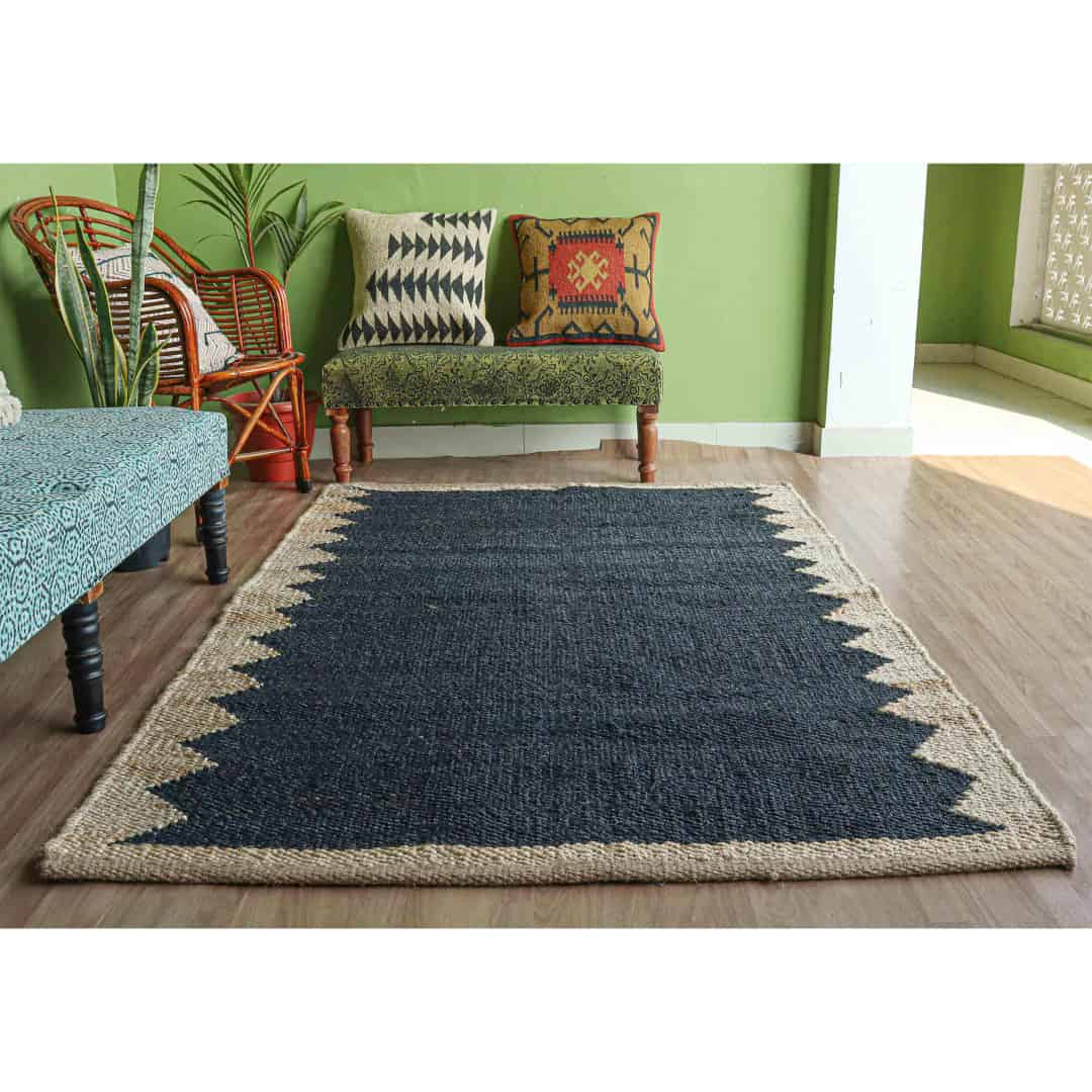 Indian Handwoven Black Jute Hemp Rug with Off White Design Hemp Decor Jute Rug For Living Home Rectangle Shape Rug Vintage Hemp Jute Dhurrie - Image 2