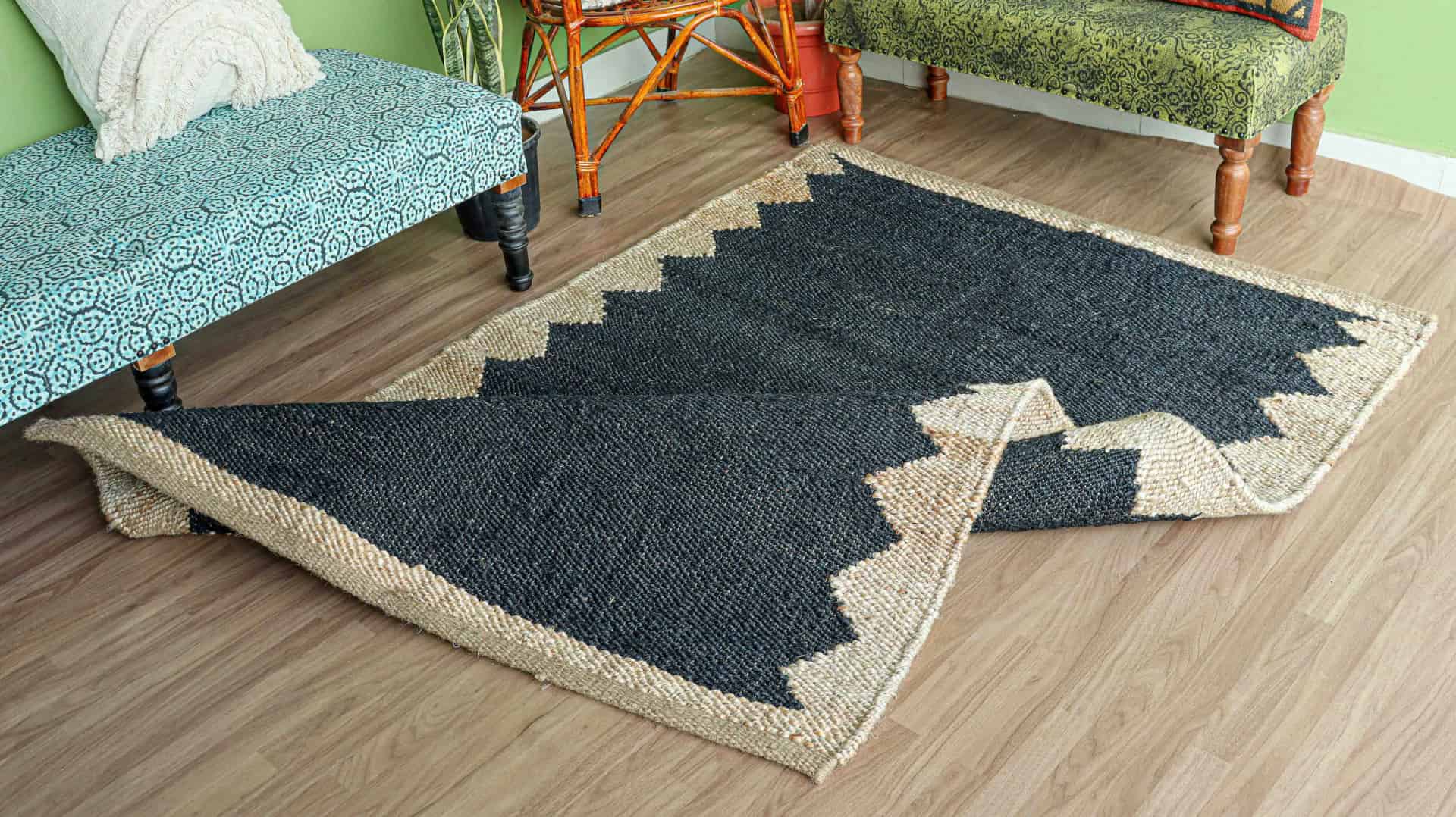 Indian Handwoven Black Jute Hemp Rug with Off White Design Hemp Decor Jute Rug For Living Home Rectangle Shape Rug Vintage Hemp Jute Dhurrie - Image 6