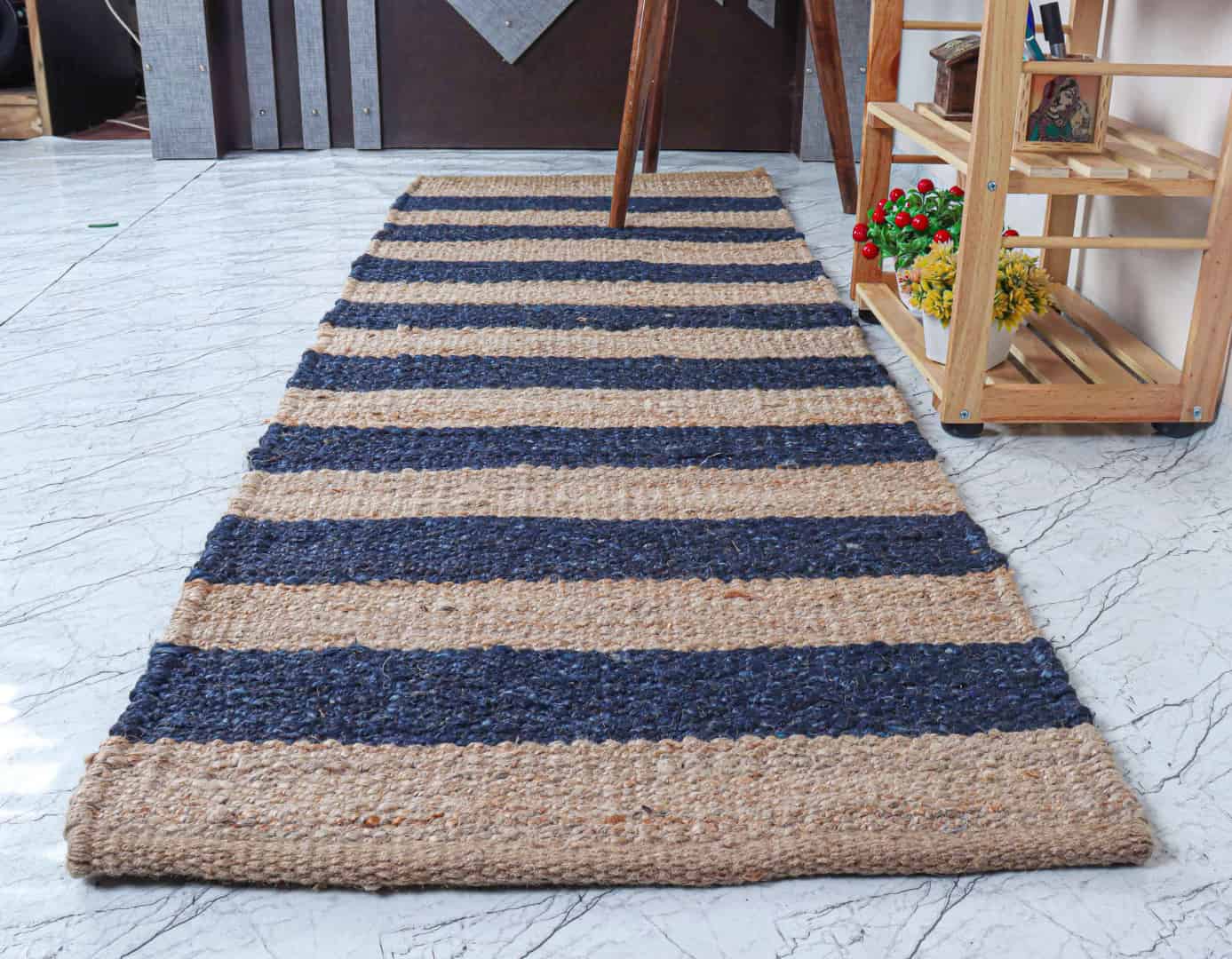 Indian Handmade Bohemian Beige with Navy Blue Stair Decor Jute Hemp Runner Rug Vintage Jute Area Rug Bohemian Hemp Runner Rug  - Image 1