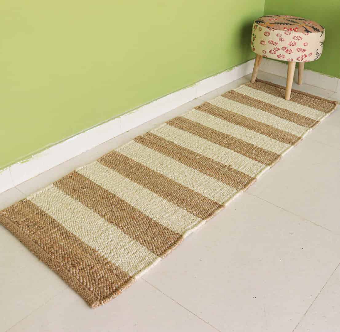 Indian Hand Loomed Hallway Beige Jute Hemp Runner Rug with White Stripes Line Decor Rug Living Room And Kitchen Decor Rug - Image 2