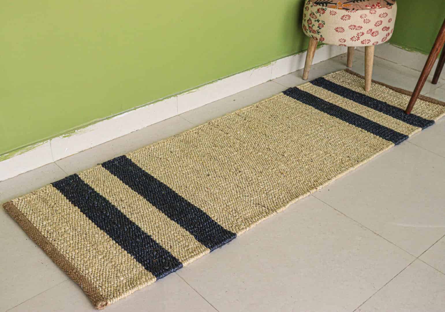 Indian Handwoven Off White with Navy Blue Stripes Jute Hemp Stair Runner Rug Vintage large Runner Dhurrie Rug  - Image 2