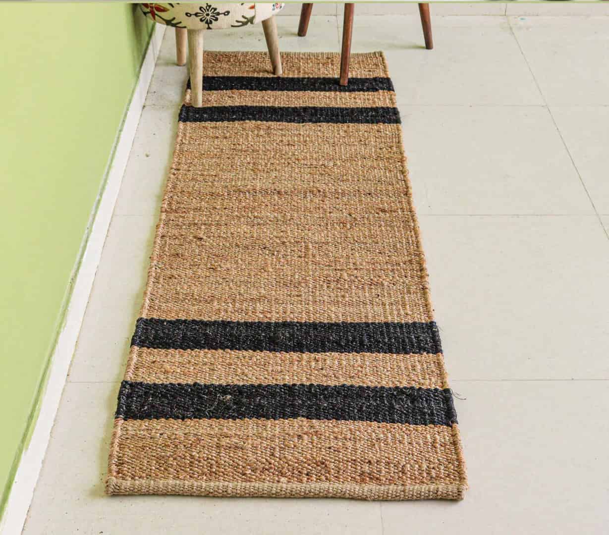 Beige Hemp Runner Jute Rug with Black Stripes Line Hand Loomed Bohemian Jute Hemp Runner Rug for Home Decor Vintage Hemp Jute Rug - Image 2