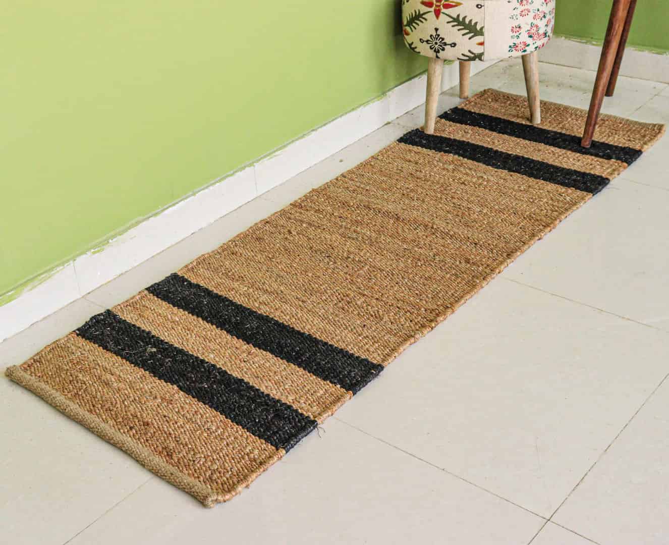 Beige Hemp Runner Jute Rug with Black Stripes Line Hand Loomed Bohemian Jute Hemp Runner Rug for Home Decor Vintage Hemp Jute Rug - Image 3