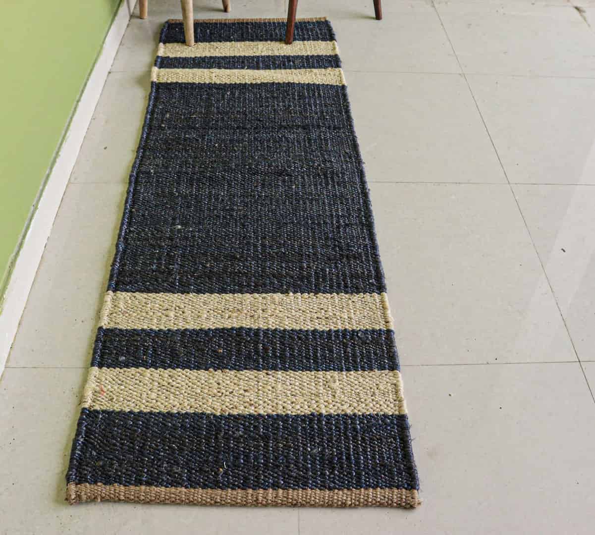 Handwoven Navy Blue Jute Hemp Stair Runner Rug with Off White Stripes Line Decor Rug Vintage Jute Hemp Runner Rug Hallway Decor Rug  - Image 2