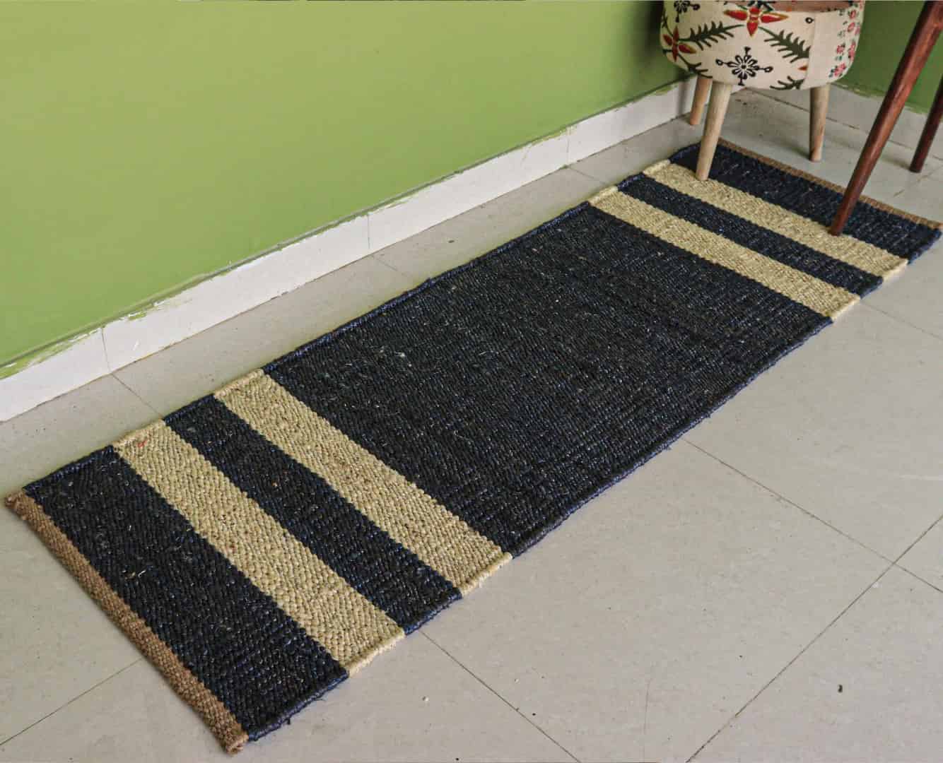 Handwoven Navy Blue Jute Hemp Stair Runner Rug with Off White Stripes Line Decor Rug Vintage Jute Hemp Runner Rug Hallway Decor Rug  - Image 1