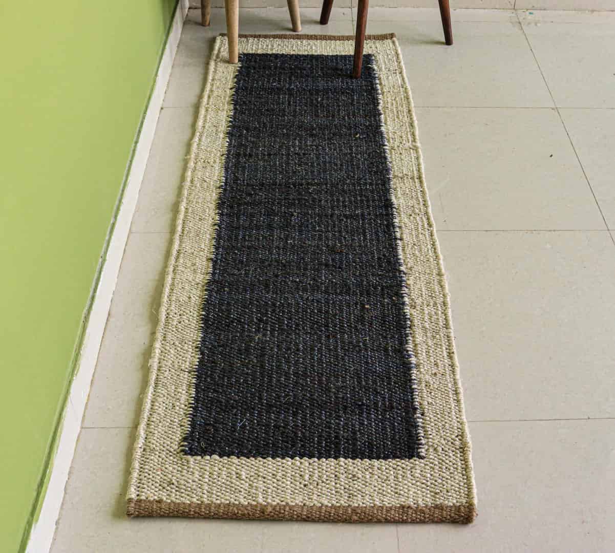 Black Hemp Runner Rug with Off White Border Hand Woven Stair Decor Jute Hemp Runner Rug - Image 1