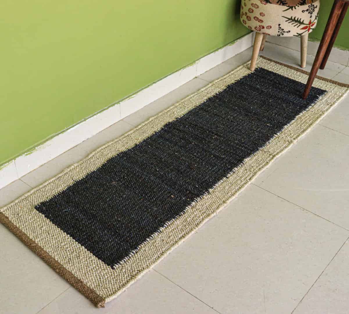 Black Hemp Runner Rug with Off White Border Hand Woven Stair Decor Jute Hemp Runner Rug - Image 2