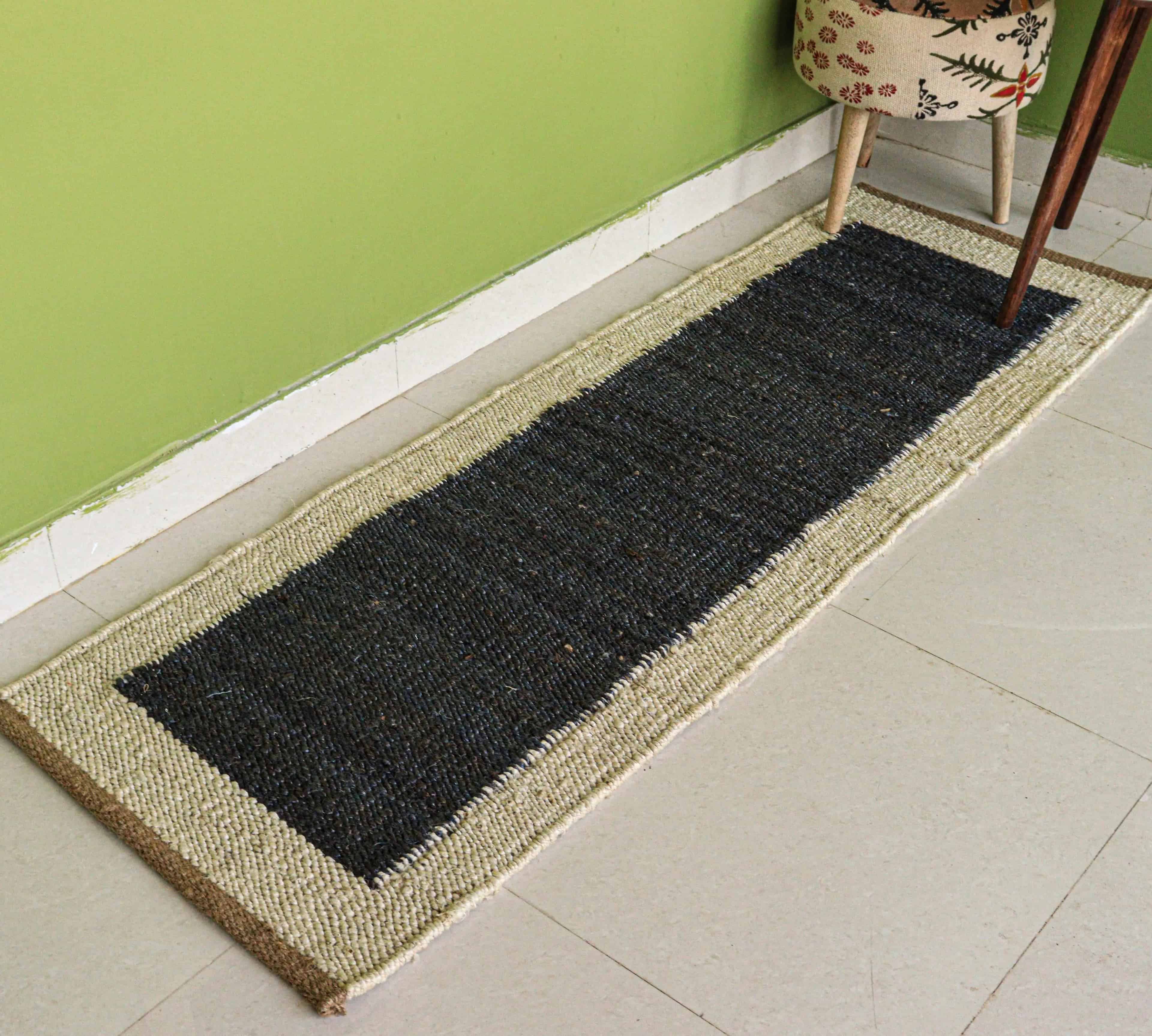 Black Hemp Runner Rug with Off White Border Hand Woven Stair Decor Jute Hemp Runner Rug - Image 2