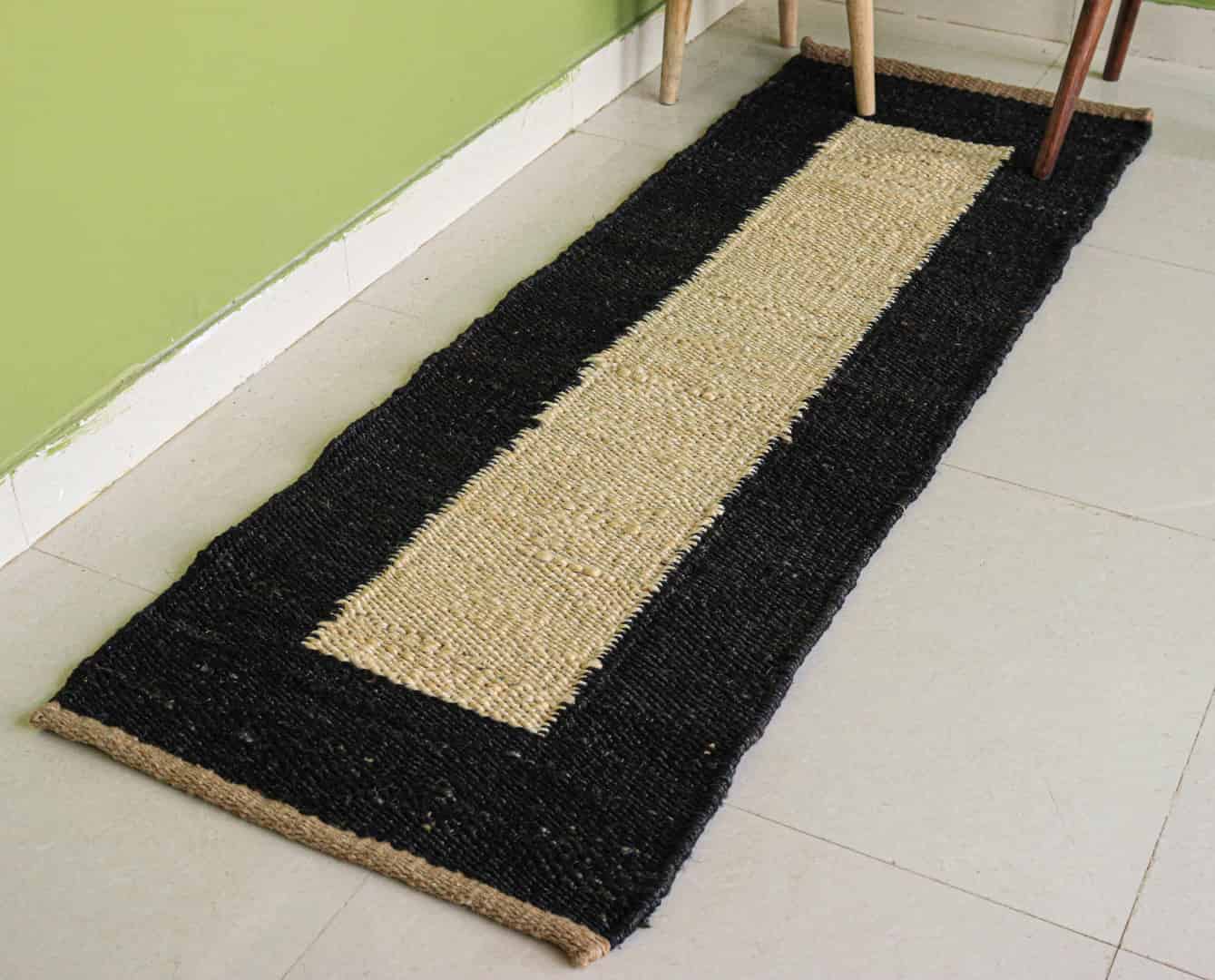 Off White Hamp Jute Runner Rug with Black Border Indian Handwoven Bohemian Jute Hemp Runner Rug Large Area Hemp Dhurrie  - Image 1